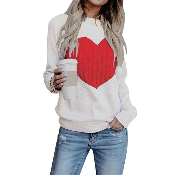 Womens Valentine's Day Long Sleeve Knitwear Heart Pattern Pullover Sweater Knitted Tops White Red... | Walmart (US)