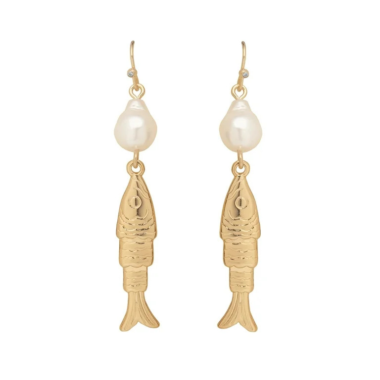 Time and Tru Women's Gold Tone Fish and Pearl Drop Earrings, Fashion Jewelry | Walmart (US)