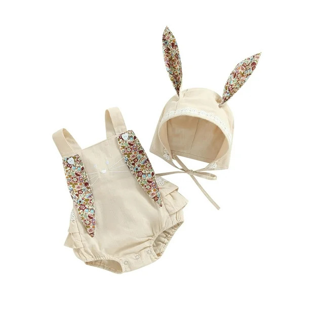 Xkwyshop Newborn Baby Girl Easter Outfit Sleeveless Ruffled Romper Bodysuit Rabbit Hat 2PCS Baby ... | Walmart (US)
