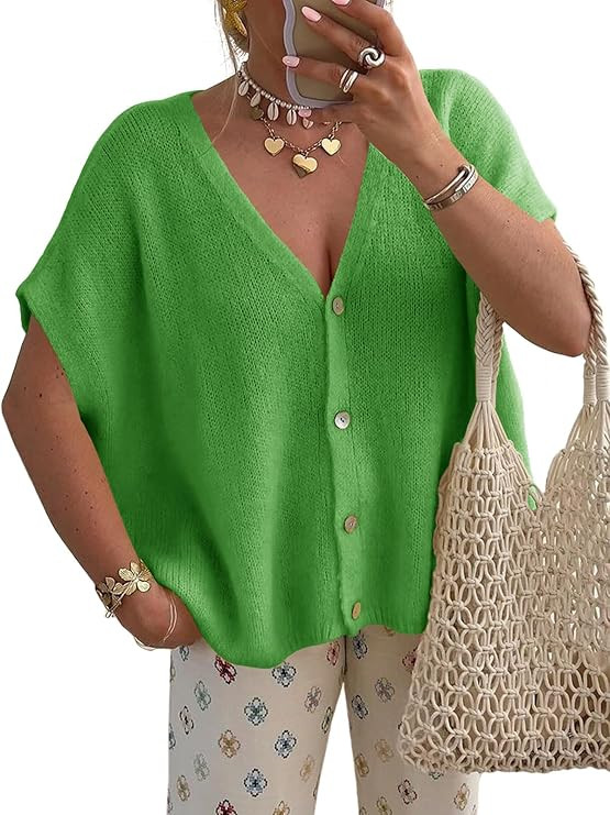Saodimallsu Womens Fall Oversized Cardigans Batwing Short Sleeve Lightweight Button V Neck Casual... | Amazon (US)