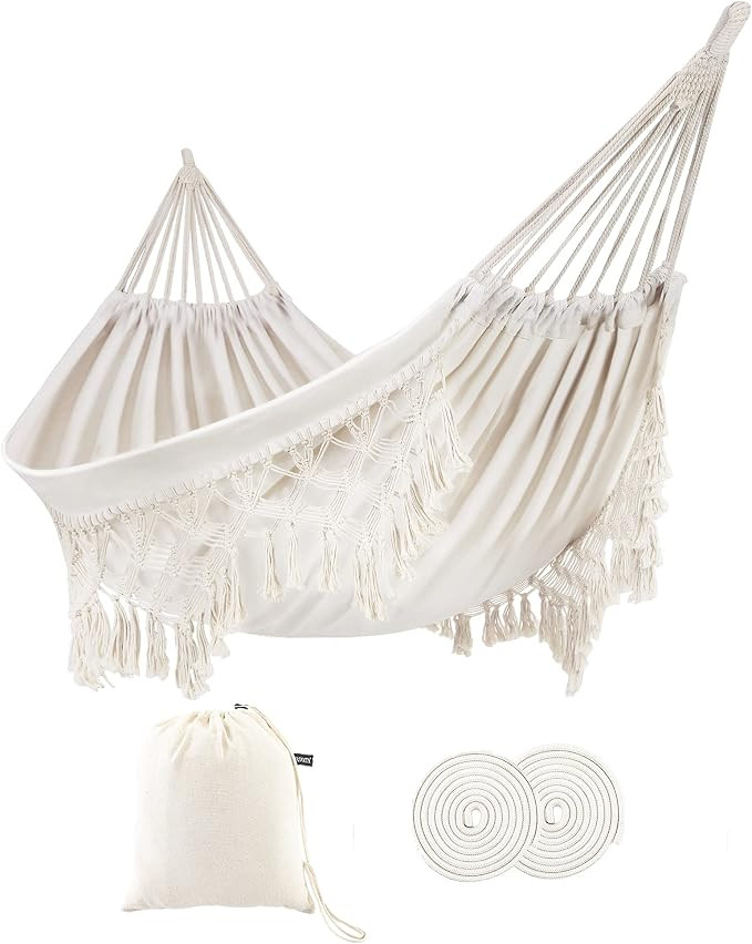 ROOITY Indoor Hammock with Macrame Fringe for 2 Persons,Double Boho Hammocks with Tassels,Portabl... | Amazon (US)