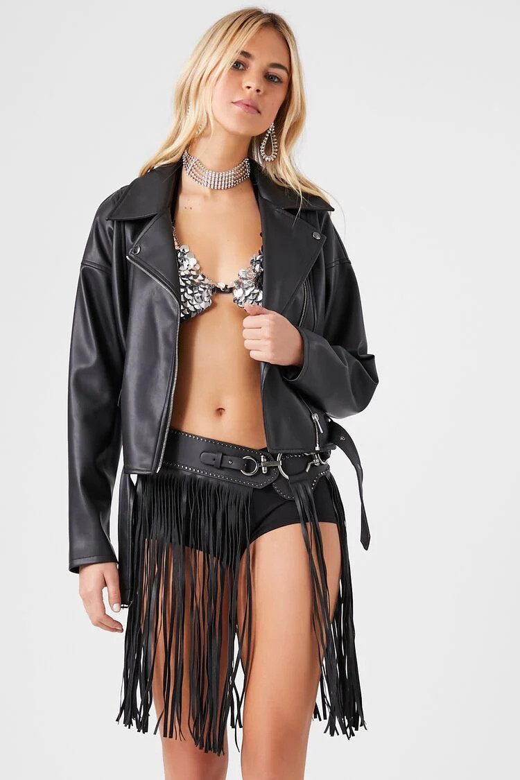 Faux Leather Fringe Hip Belt in Black/Silver, XS/S | Forever 21 (US)