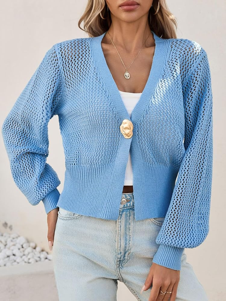 Cicy Bell Womens Cropped Crochet Cardigans Hollow Out Button Down Lantern Sleeve Knit Sweaters Ca... | Amazon (US)