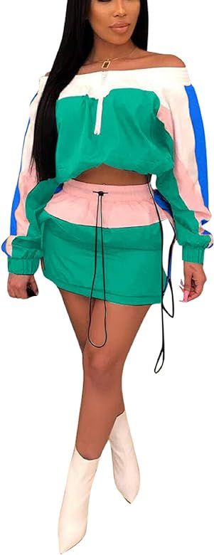 Women's 2 Pieces Outfits Color Block Long Sleeve Crop Tops and Bodycon Mini Skrits Sets with Draw... | Amazon (US)