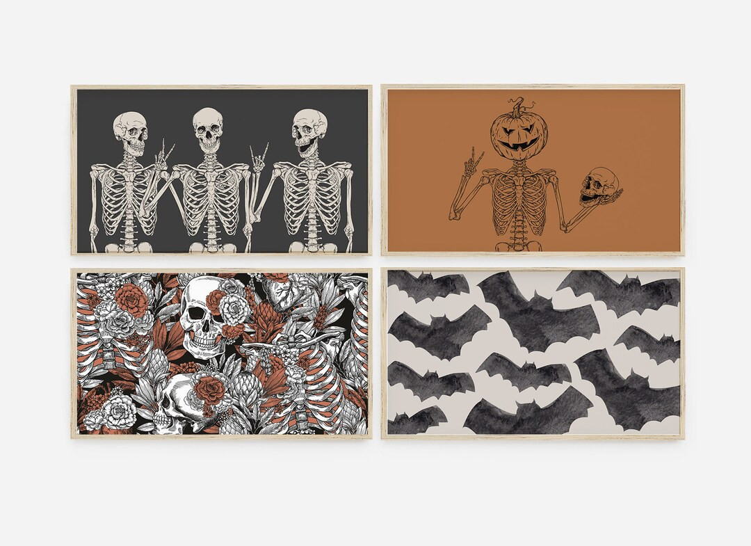 Halloween Art Set for Samsung Frame TV, Set of 4 Funny Skeletons Ghosts Skulls Bats, Modern Hallo... | Etsy (US)