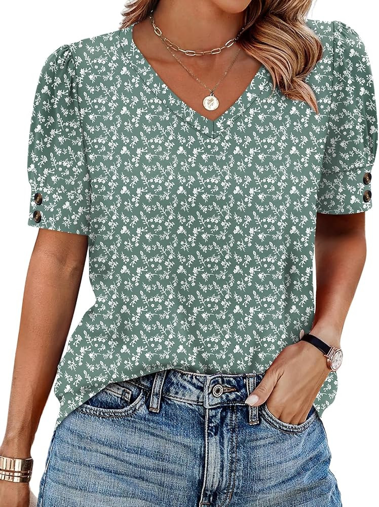 OFEEFAN Womens Tops Short Sleeve Shirts Buttons V Neck Spring Fashion Summer Outfits Plus Size Bl... | Amazon (US)
