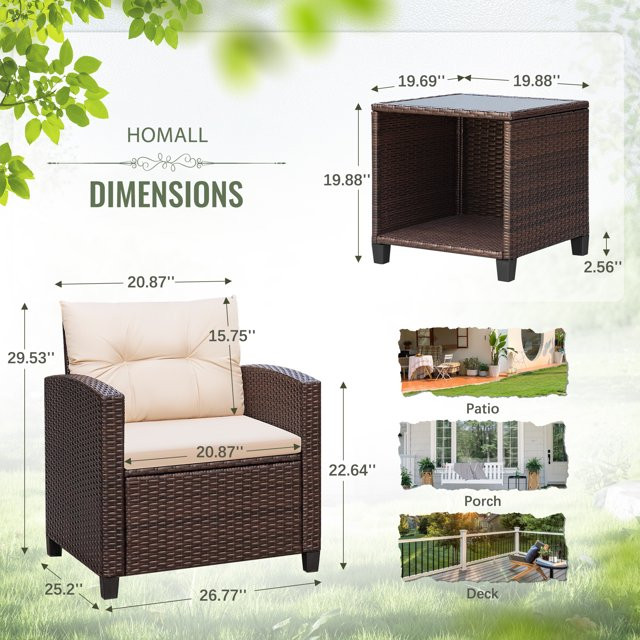 Homall 3 Piece Patio Furniture Set, Outdoor Rattan Chair with Cushion and Coffee Table, Patio Bis... | Walmart (US)