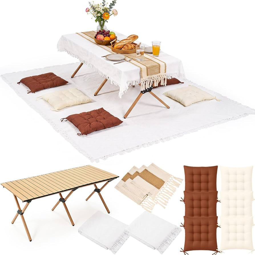 Geetery 10 Pcs Picnic Set, 59" x 20" Folding Low Picnic Table with 91'' x 71'' Large Outdoor Boho... | Amazon (US)