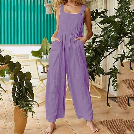 HOMBOM Purple Cute Summer Jumpsuits for Women Sleeveless Solid Color Round Neck Cotton Linen Straight-leg Overalls 2XL | Walmart (US)