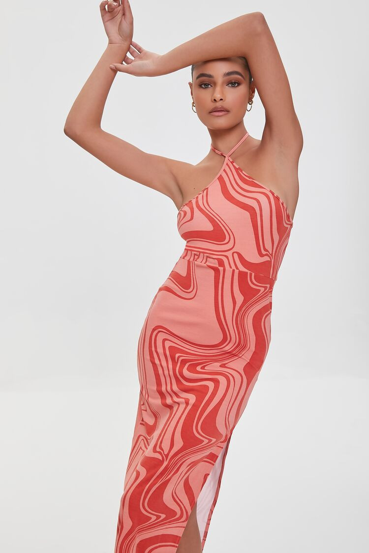 Women's Marble Print Halter Midi Dress in Pink/Red Small | Forever 21 (US)