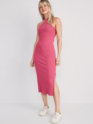 Fitted Rib-Knit Halter Midi Dress for Women | Old Navy (US)