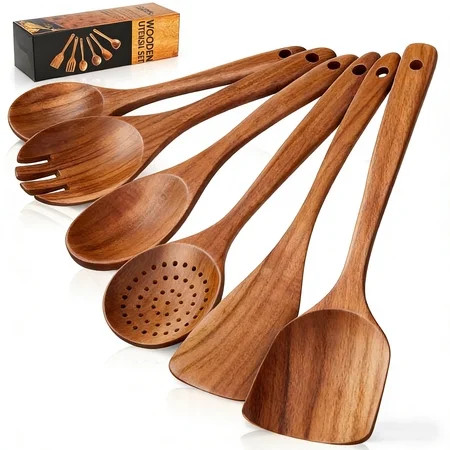 GPED Wooden Spoons for Cooking, 6 PCS Teak Wood Cooking Utensil Set, Wooden Kitchen Utensils for Nonstick Pans & Cookware, Spoons and Spatula Set, Sturdy, Lightweight & Heat Resistant | Walmart (US)