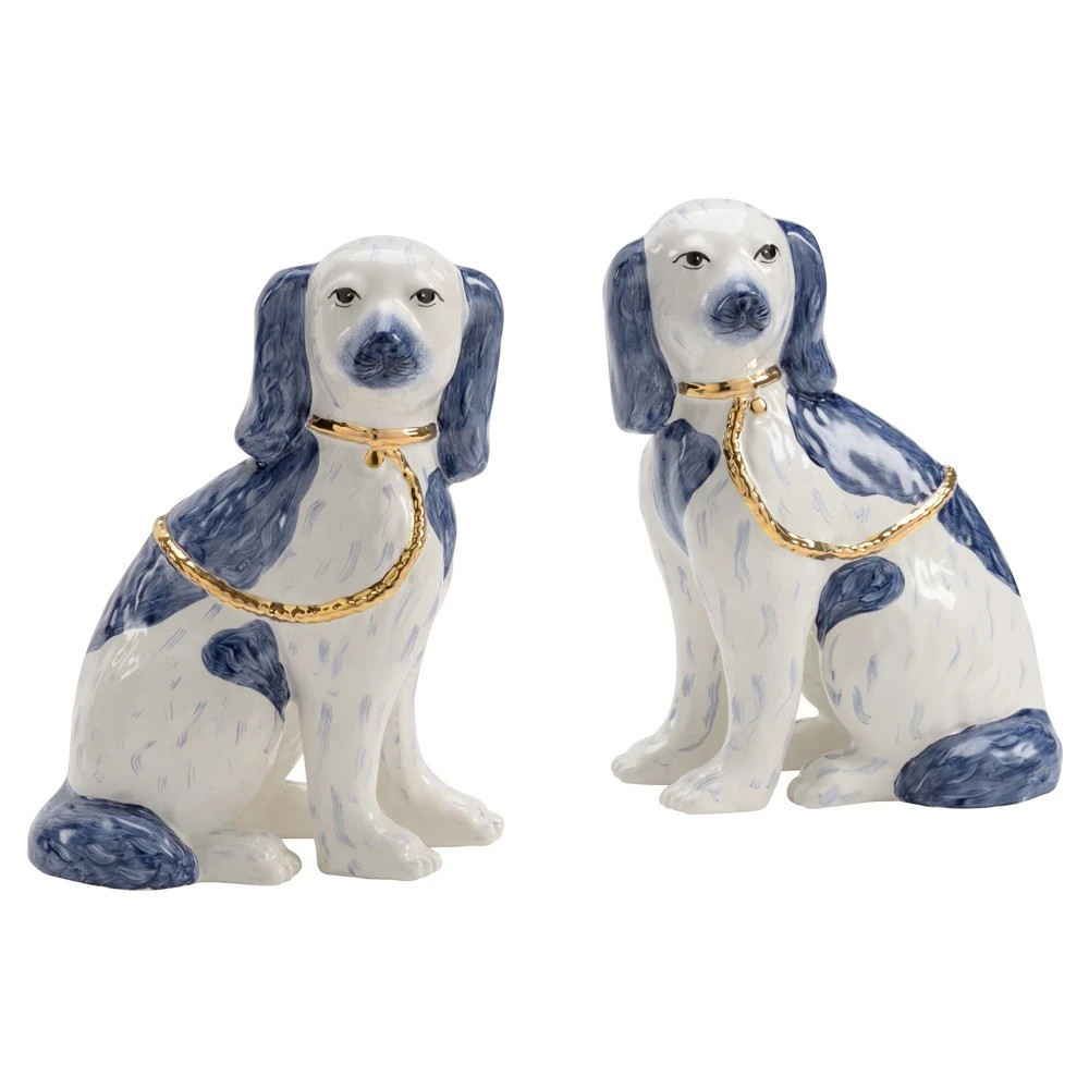 Riven Country Blue Ceramic Staffordshire Dog Figurine - Set of 2 | Kathy Kuo Home