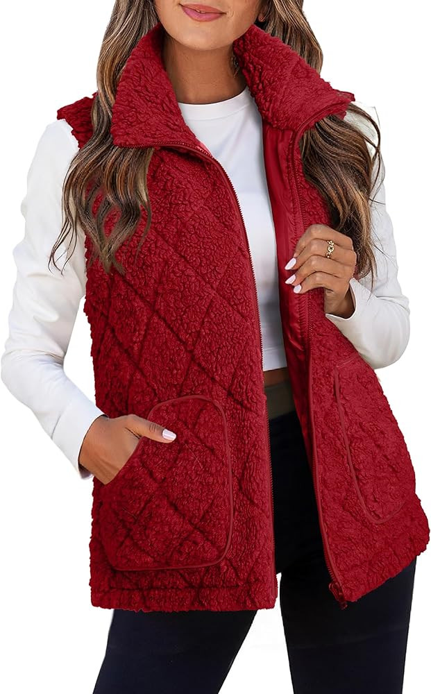 Glamaker Womens Fleece Sherpa Vest Casual Lightweight Outerwear Zip Up Sleeveless Jacket With Poc... | Amazon (US)