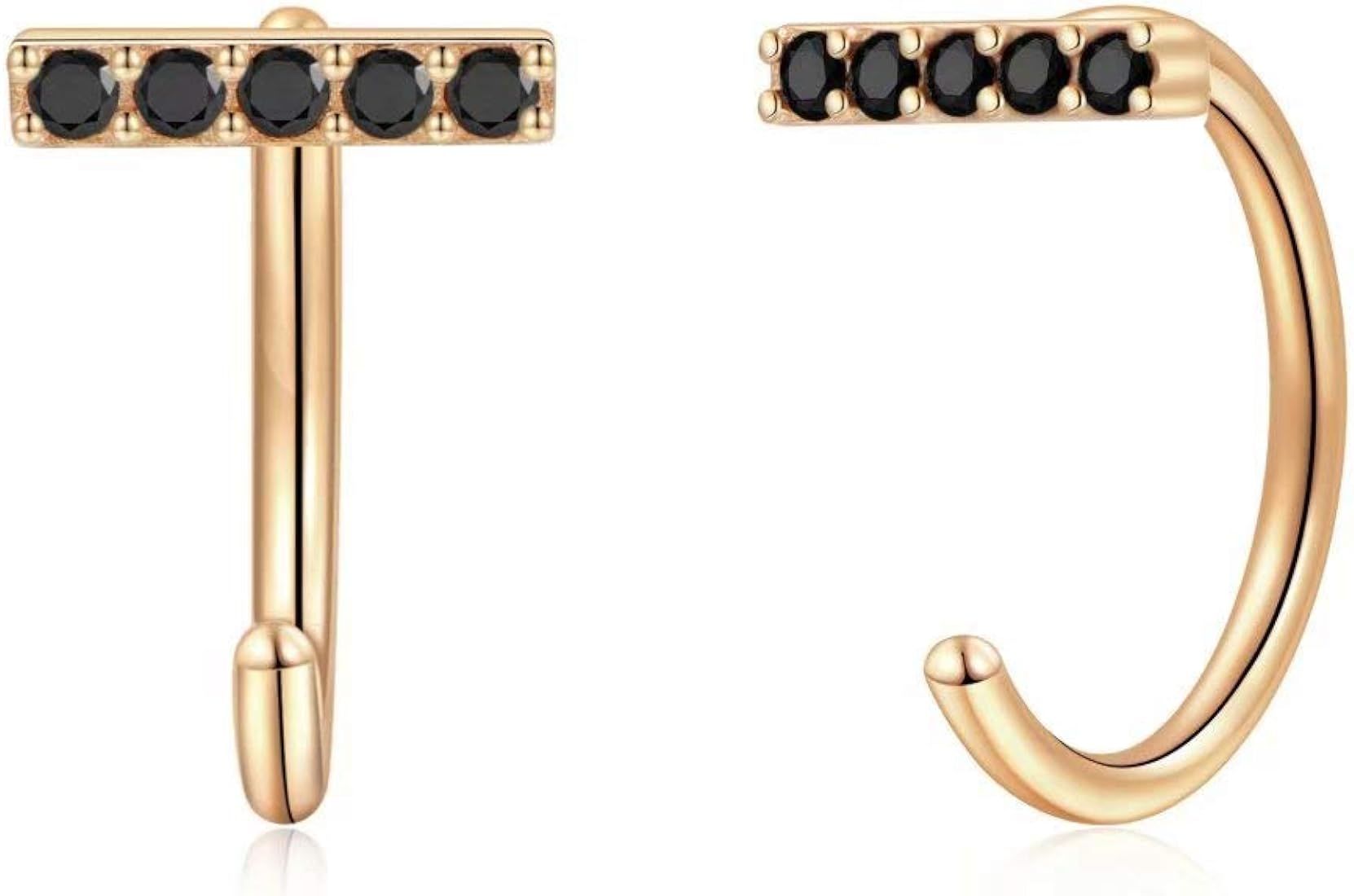 925 Sterling Silver Earrings for Women, Tiny Cubic Zirconia Bar Ball Star Moon Open Huggie Hoop Earr | Amazon (US)
