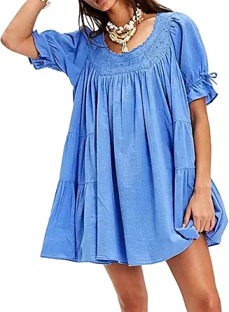 Foidiccx Womens Loose Cotton Ruffle Eyelet Babydoll Puff Sleeve Mini Dress Y2k Boho Summer Going ... | Amazon (US)