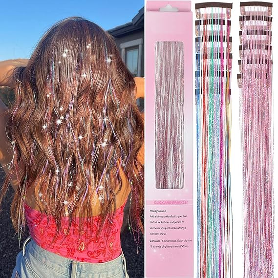 Hair Tinsel 12 Pcs Clip in Hair Tinsel Kit for Girls 22 Inch Glitter Fairy Tinsel Hair Extensions... | Amazon (US)
