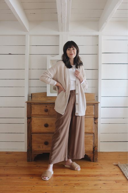 Cocoon Cardigan*, fitted tee, silk pants and slippers*. 

Use LEE15 for 15% Off at Jenni Kayne. 

#LTKSeasonal