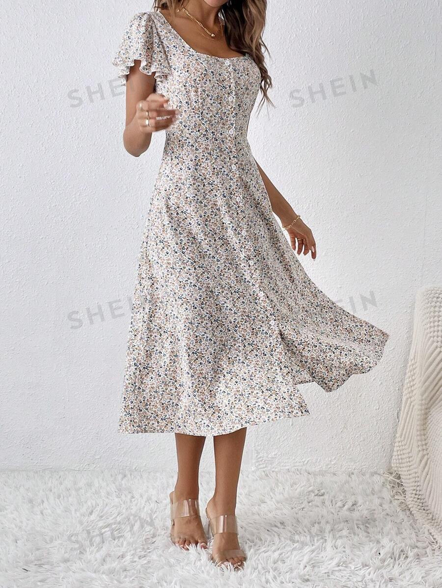 SHEIN Frenchy Ditsy Floral Print Button Front Butterfly Sleeve Dress | SHEIN