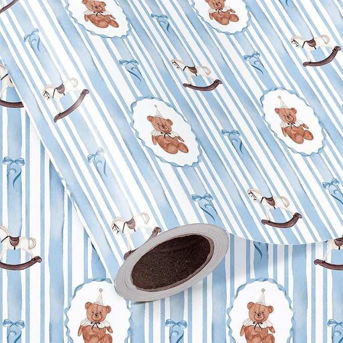 WRAPAHOLIC Bear Baby Boy Wrapping Paper Roll - Mini Roll - 17 Inch x 16.5 Feet - Teddy Bear, Toys... | Amazon (US)