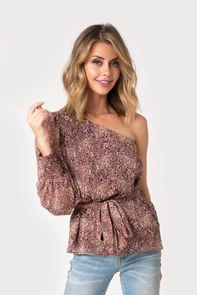 One Shoulder Smocked Cuff Lurex Chiffon Blouse | Gibsonlook
