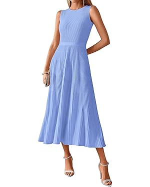 BTFBM Women Tank Midi Dress Summer Crewneck Sleeveless Pleated A Line Business Casual Formal Swea... | Amazon (US)