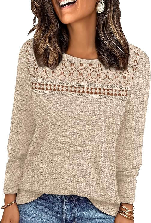 WIHOLL Blouses for Women Dressy Casual Lace Spring Long Sleeve Shirts 2026 Trendy Sweaters Waffle... | Amazon (US)
