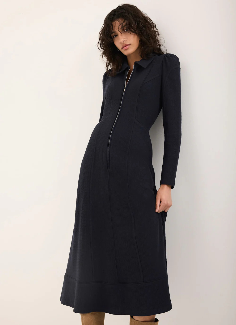 Navy Textured Zip Detail Midi Dress | Mint Velvet