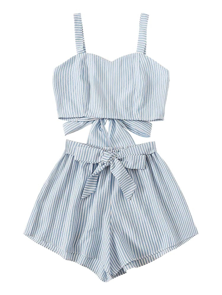 SweatyRocks Women's 2 Piece Outfits Summer Sleeveless Tie Back Crop Cami Top and Shorts Set | Amazon (US)