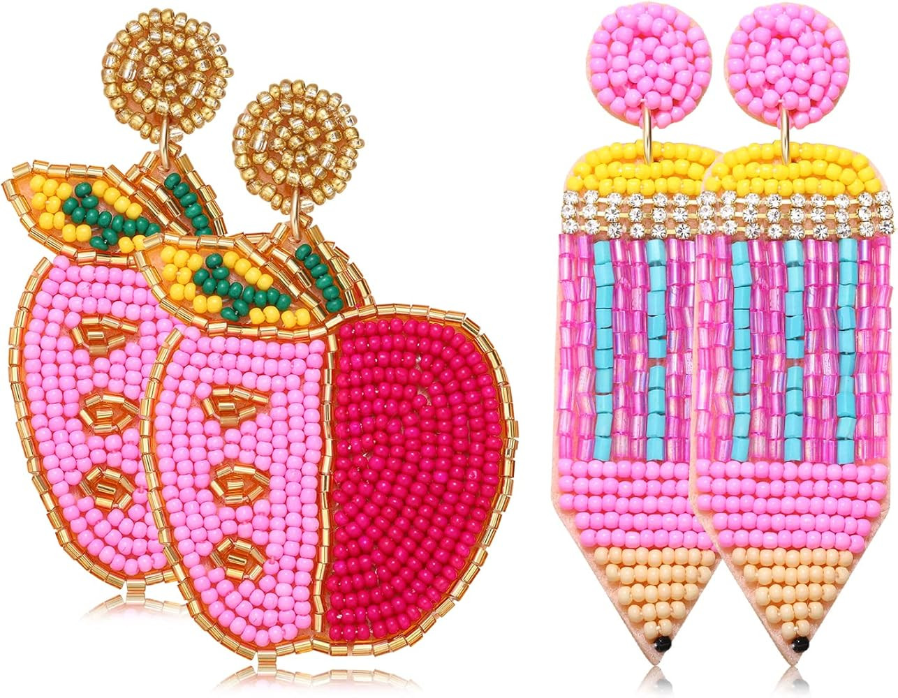 2 Pairs Teacher Earrings for Women Beaded Apple Pencil Drop Dangle Earrings Funny Back To School ... | Amazon (US)