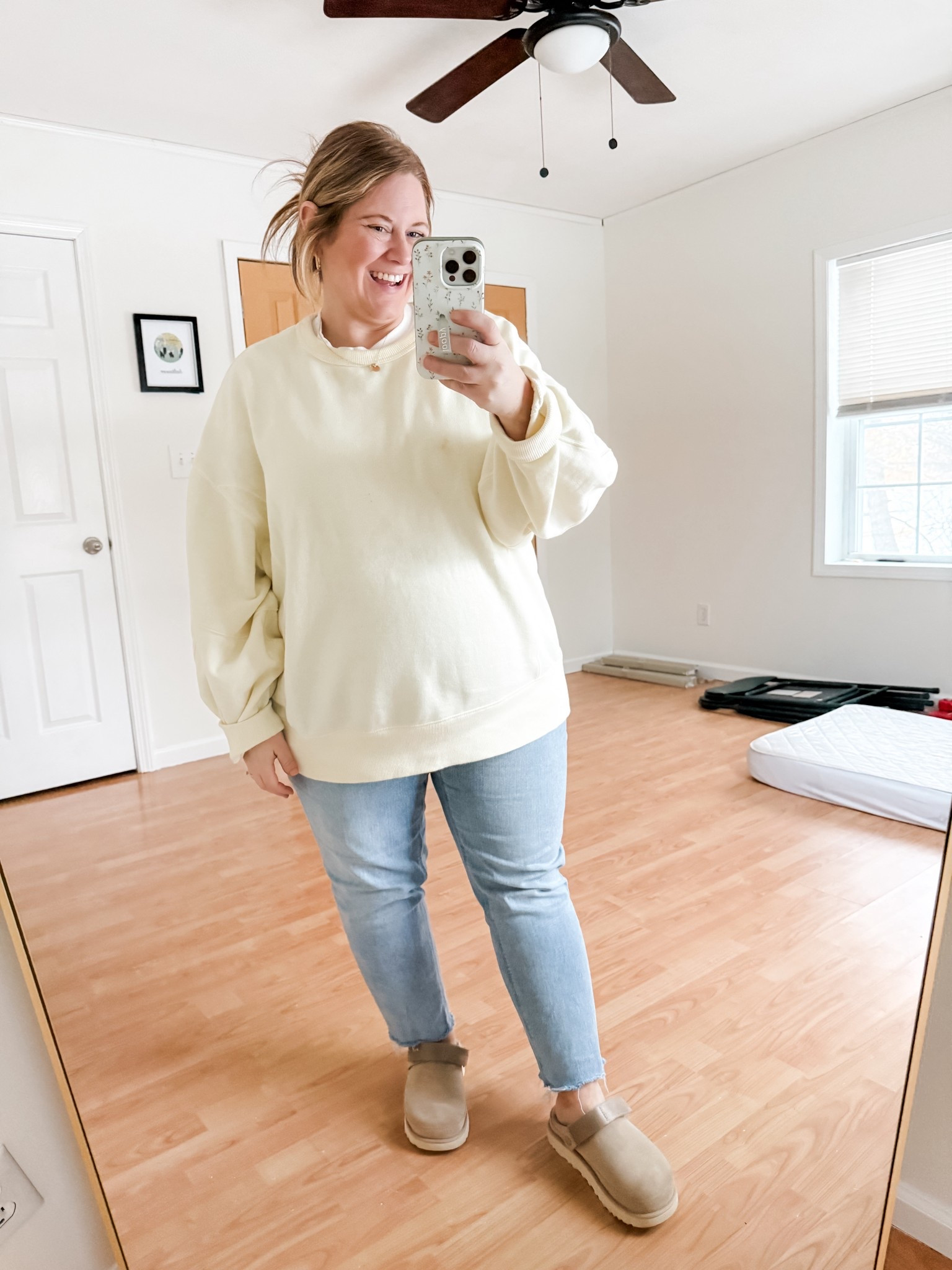 Friday teacher outfit - just wanted to be comfy! Wearing a large in my aerie butter yellow sweatshirt 💛maternity jeans are old but linked similar 

#LTKBump #LTKSeasonal #LTKMidsize