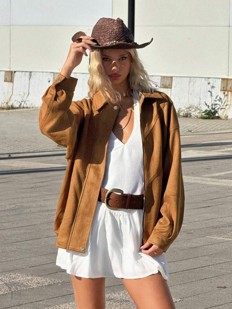 SHEIN ICON Chaqueta De Motorista Vintage Para Mujer, Abrigo Bomber De Motocicleta De Corte Holgado | SHEIN