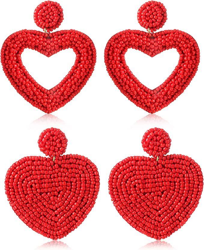 2 Pairs Valentine's Day Heart Earrings Beaded Drop Earrings for Women Seed Bead Heart Dangle Earr... | Amazon (US)