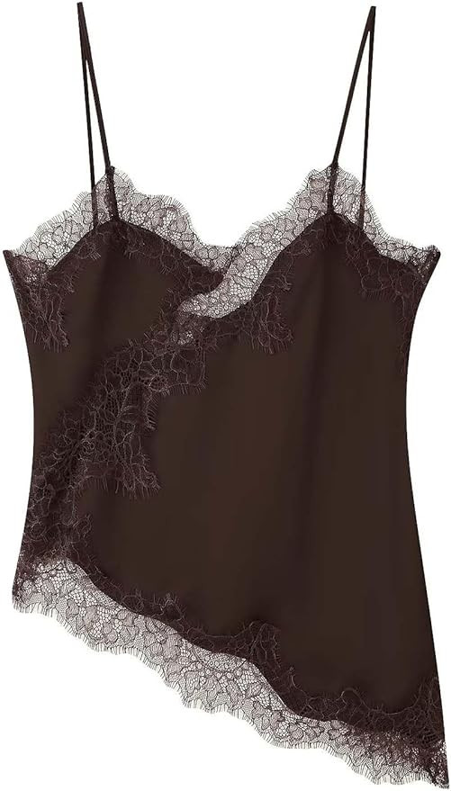 Women Long Lace Trim Spaghetti Strap Tank Silk Satin Asymmetrical Cami Top Flowy Layering Lace Sl... | Amazon (US)