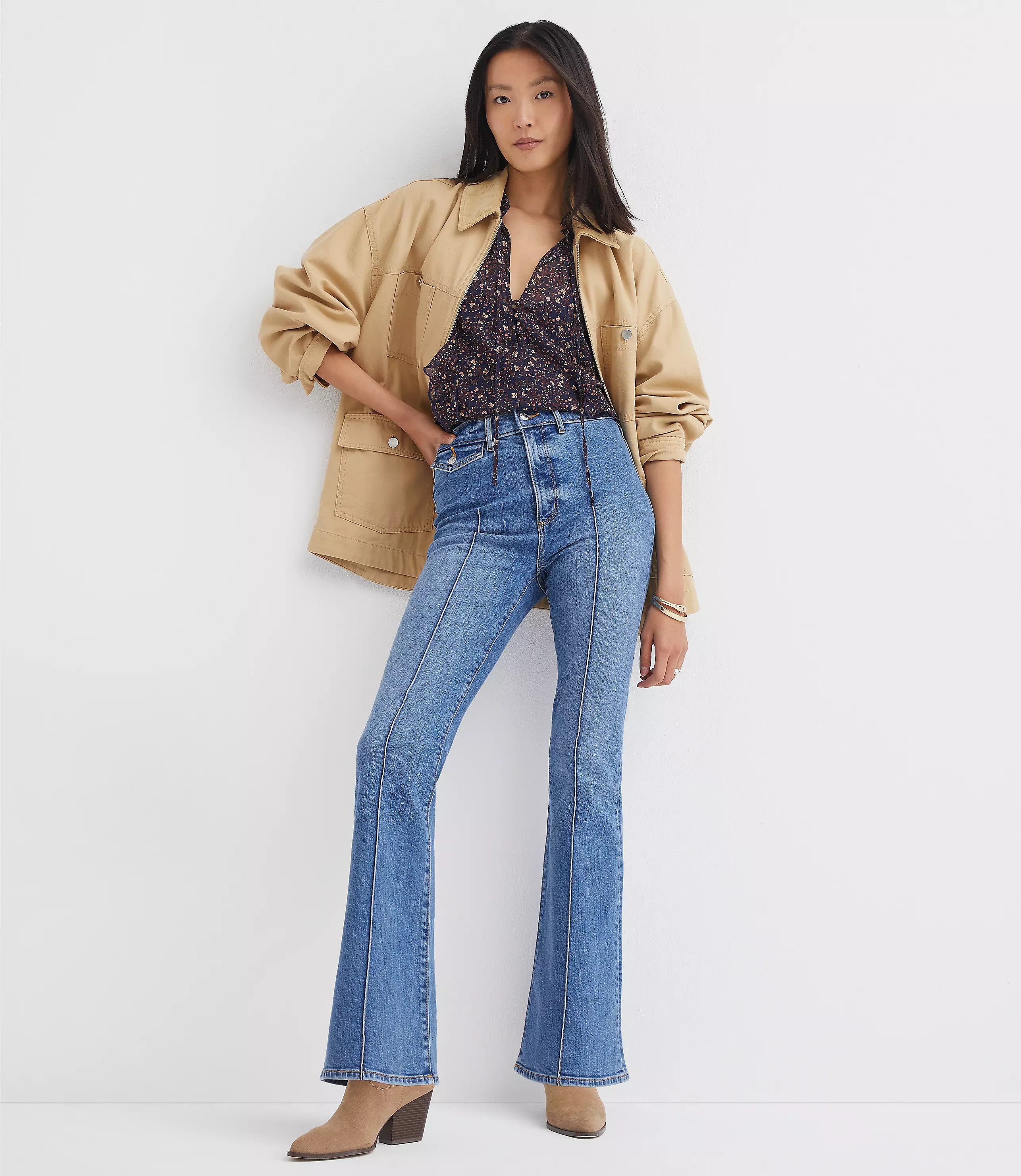 Pintucked High Rise Slim Flare Jeans in Medium Stone Wash | LOFT