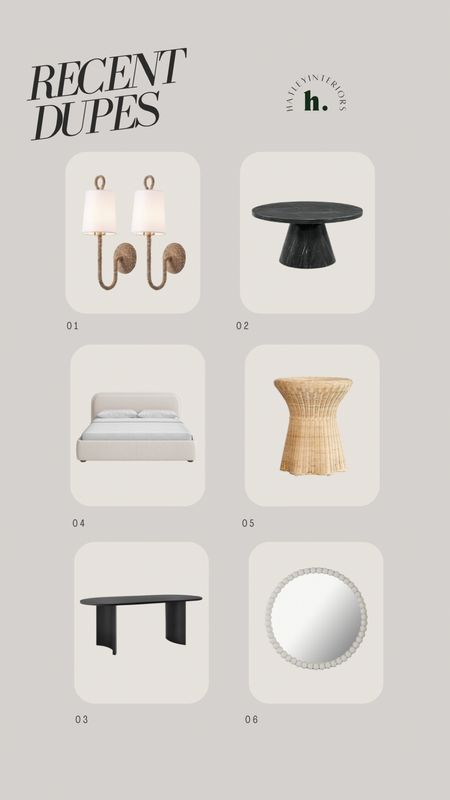 recent daily dupes! 

designer dupe, look for less, serena & lily dupe, rattan side table, rattan accent table, wicker end table, black pedestal dining table, round beaded mirror, pottery barn dupe, crate & barrel dupe, mcgee & co dupe, amber interiors dupe, black oval dining table 

#LTKhome #LTKsalealert
