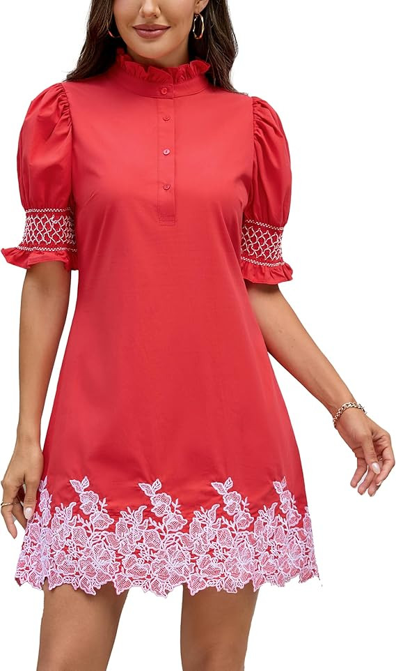 YEXPINE Women's Summer Embroidered Mini Dress Short Puff Sleeve Ruffle Collar Button Front Shift ... | Amazon (US)