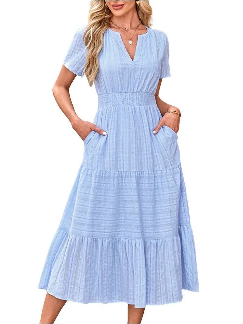 Womens Summer Casual Light-Weight Short Sleeve V Neck Elastic Waist Boho Beach Midi Dress Pockets... | Walmart (US)