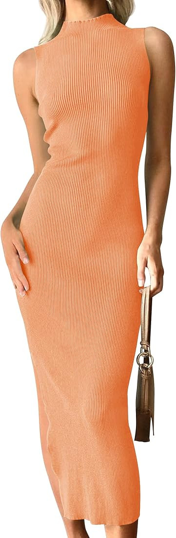 ZESICA Women's 2023 Summer Knitted Sweater Dress Sleeveless Mock Neck Ribbed Side Slit Bodycon Ta... | Amazon (US)