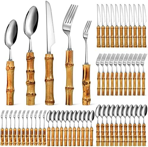 Eboot Bamboo Silverware Set 18/8 Stainless Steel Tableware Set Natural Utensil Flatware Kit Spoon... | Amazon (US)