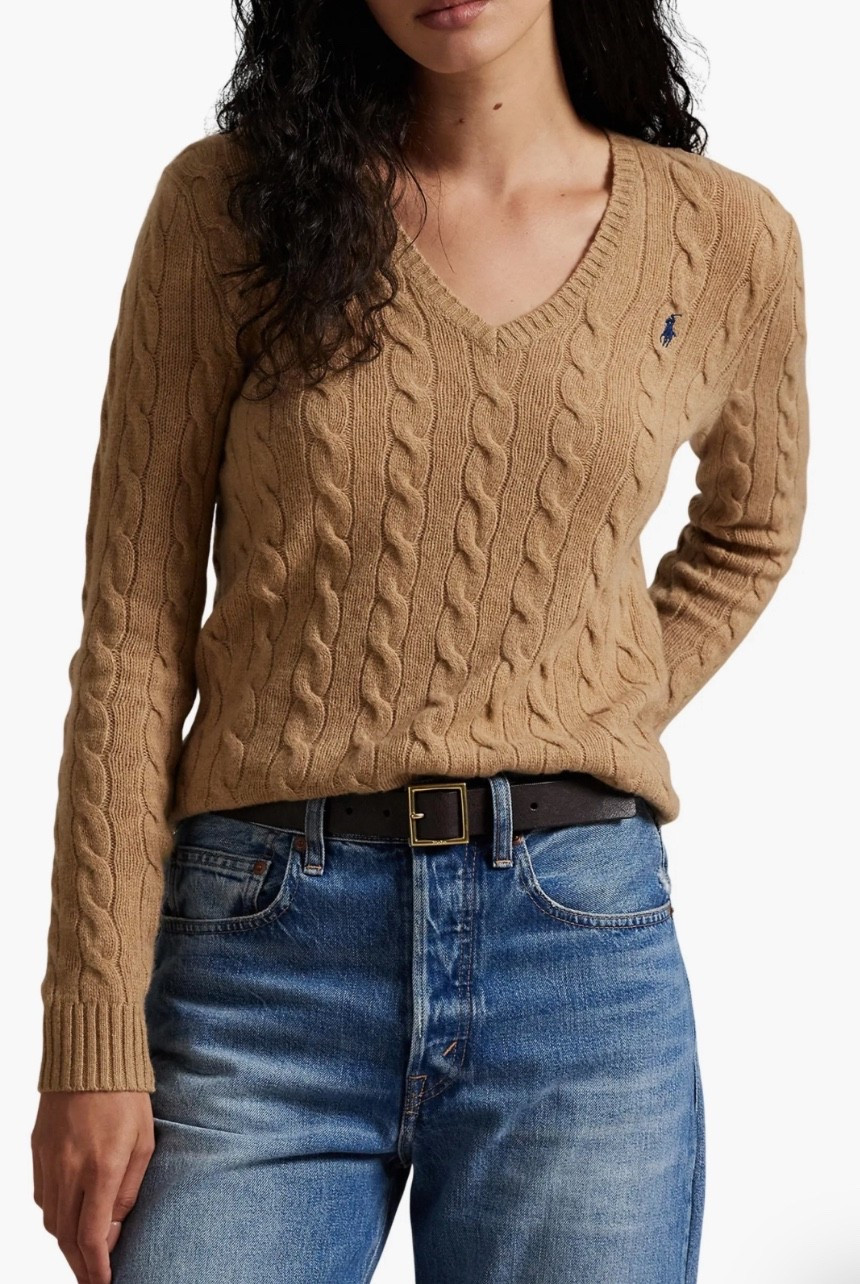 Polo 
V neck cable knit sweater 
Jeans




