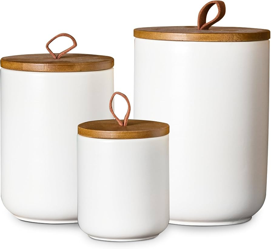JOJUNO White Ceramic Canister Set with Wooden Lid, 3-Piece Airtight Food Storage Jars for Kitchen... | Amazon (US)