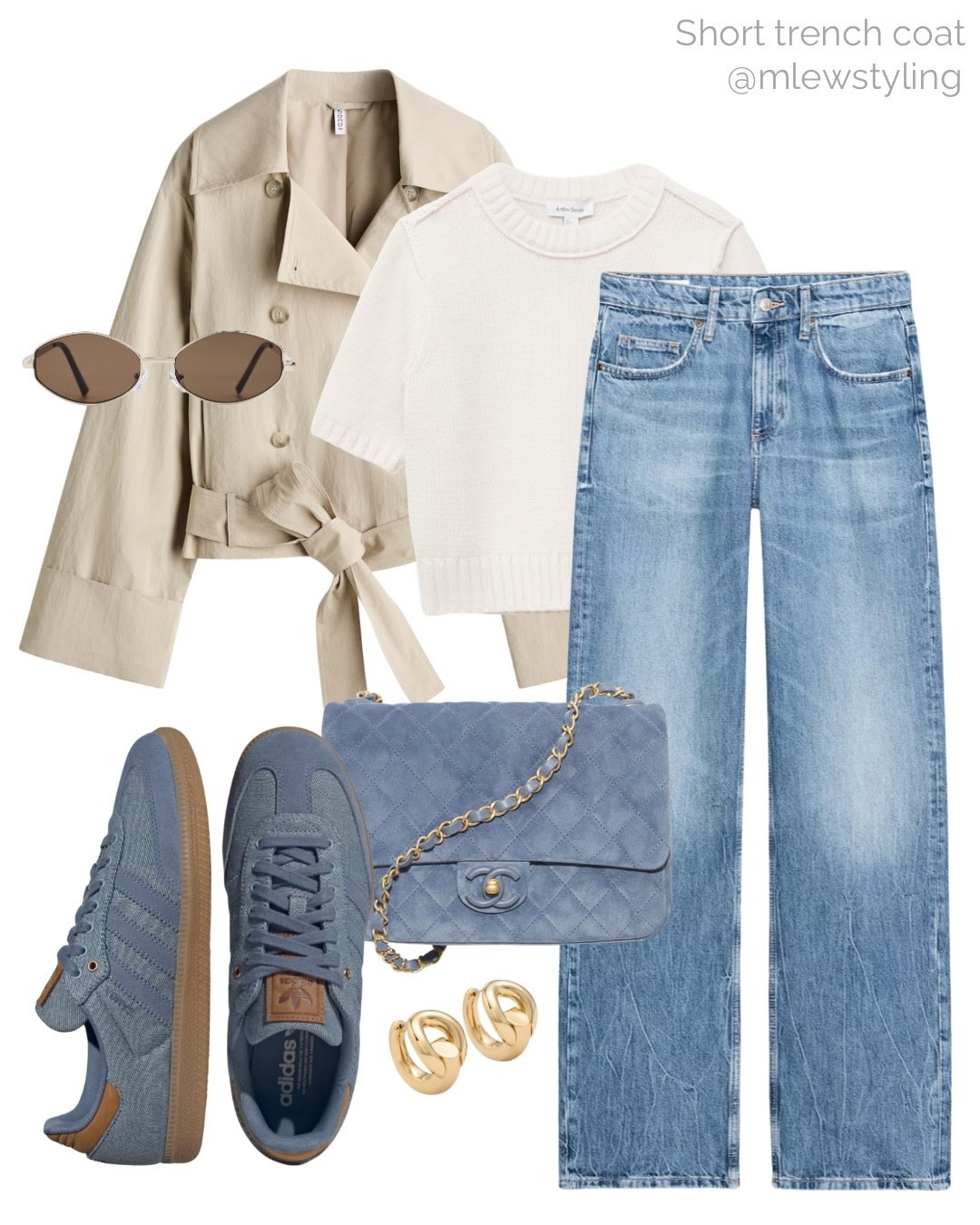 Spring outfit with a short trench coat 🩵

Tags: short sleeved sweater, wide leg jeans, knit tee, new-in H&M jacket, blue adidas sneakers, gold earrings, capsule wardrobe, neutral aesthetic, weekend look

#LTKSeasonal #LTKdayinmylife #LTKootd