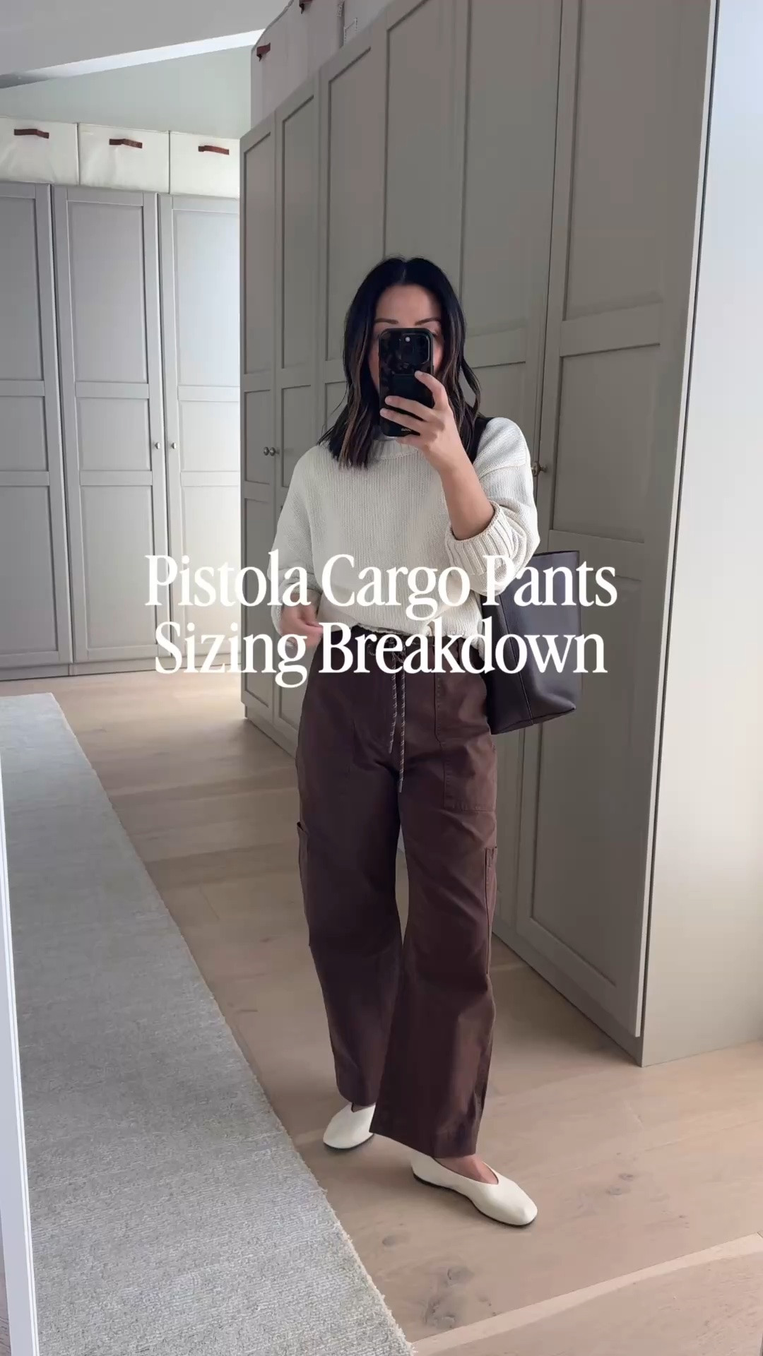 Pistola cargo pants in brown - these run smaller than the green. Going to size up. 

Gap sweater petite small
Everlane tee medium
Pistola cargo petite 25
Reformation flats 5
Quince bucket small

#LTKmomlife #LTKPetite