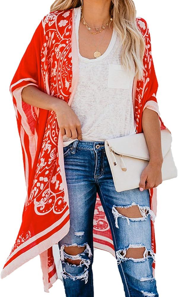 Sidefeel Women Print Kimono Cardigan V Neck Loose Beach Cover Up | Amazon (US)
