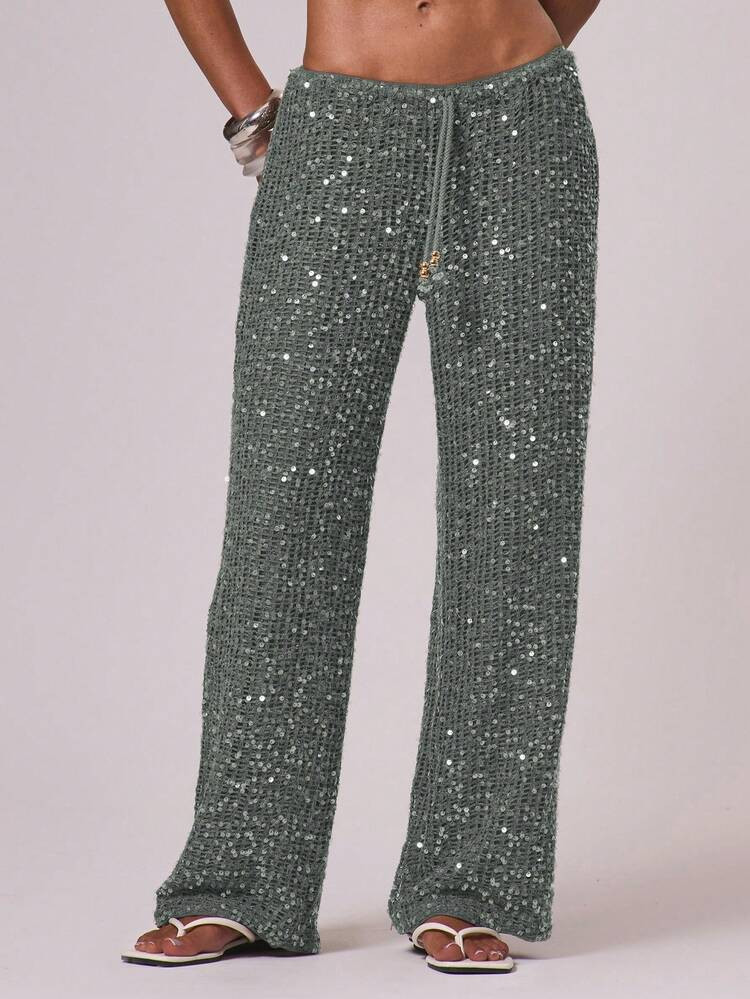 Musera Resort Drawstring Sequin Sparkle Wide Leg Trousers Cover Up Swim Vacation Holiday Summer Travel Beachwear Terra Sol Spring | SHEIN