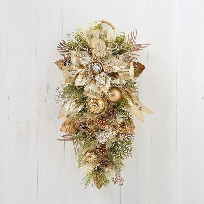 Holiday Tree Handcrafted Premium Christmas Teardrop Swag Champagne Gold Poinsettia with Ring | Amazon (US)