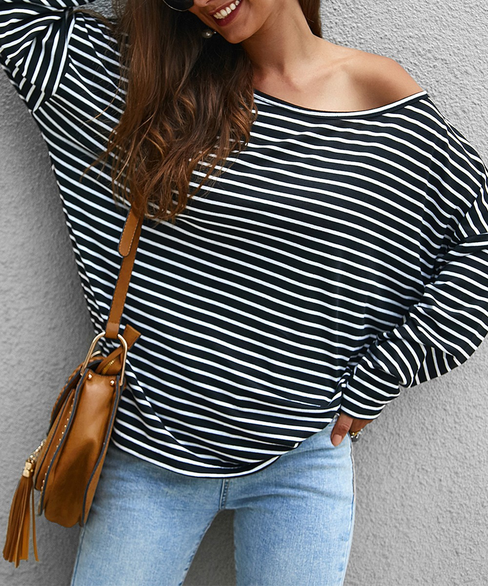 Sucrefas Women's Pullover Sweaters Black - Black & White Stripe Dolman Top - Women | Zulily