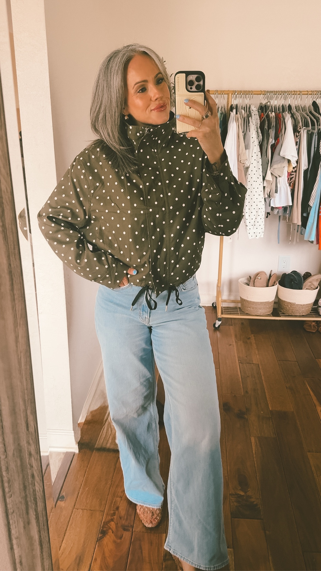 Jacket size medium 
Jeans sized down one to a 2, they do run a little loose, but I can also wear a size 4!  #springootd #springjacket #momstyle #polkadots

#LTKootd #LTKOver40 #LTKmomlife