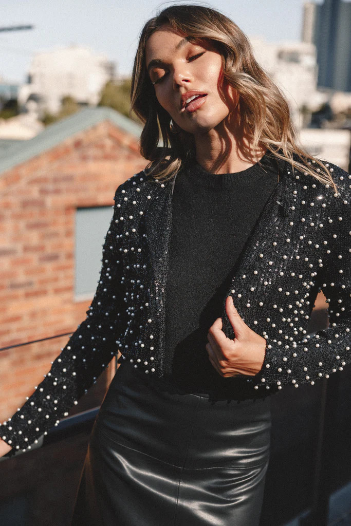 Monica All Over Pearl Crop Jacket - Black | Petal & Pup (US)